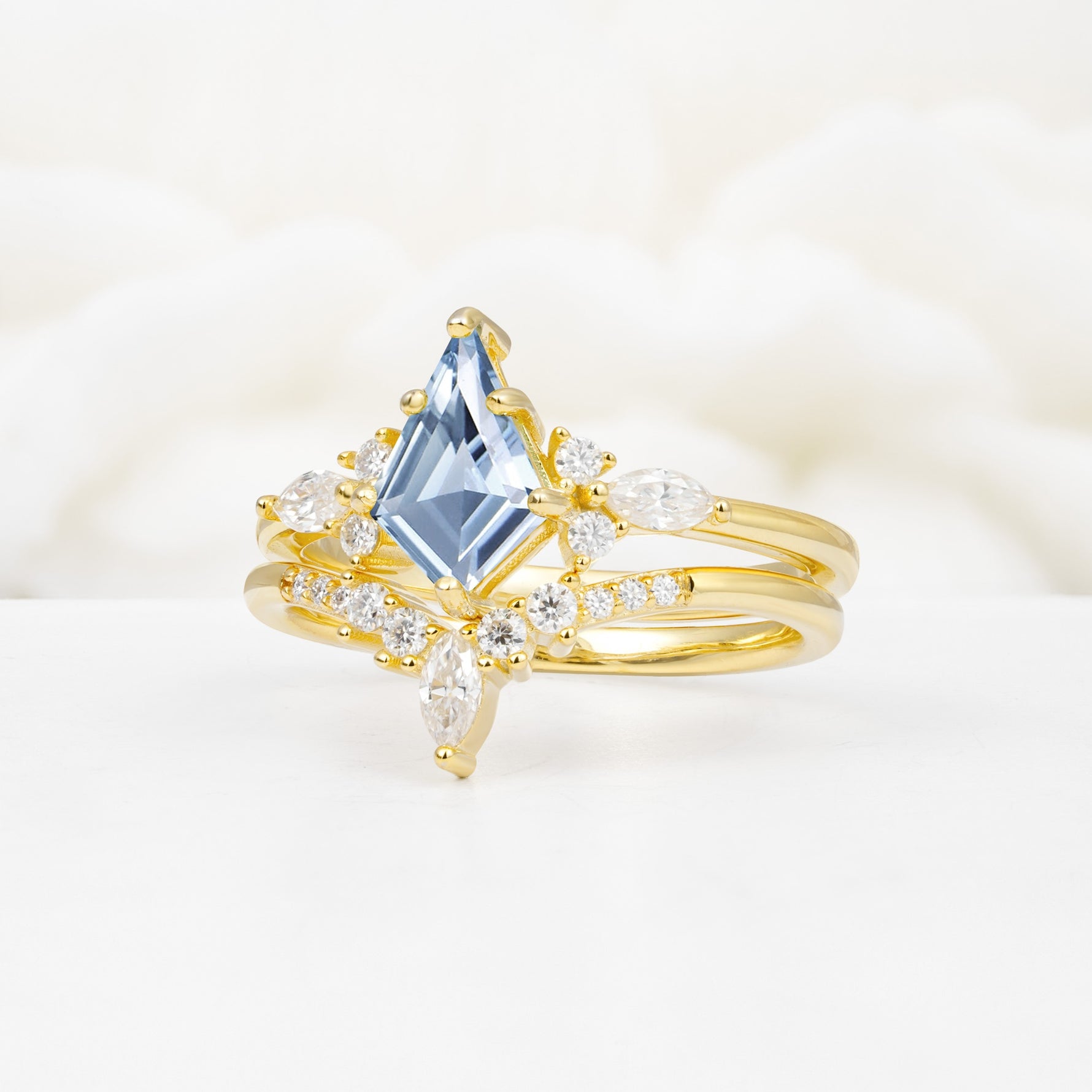 Vintage Kite Cut Split Shank Crown Aquamarine Bridal Ring Set - Rose-Gold