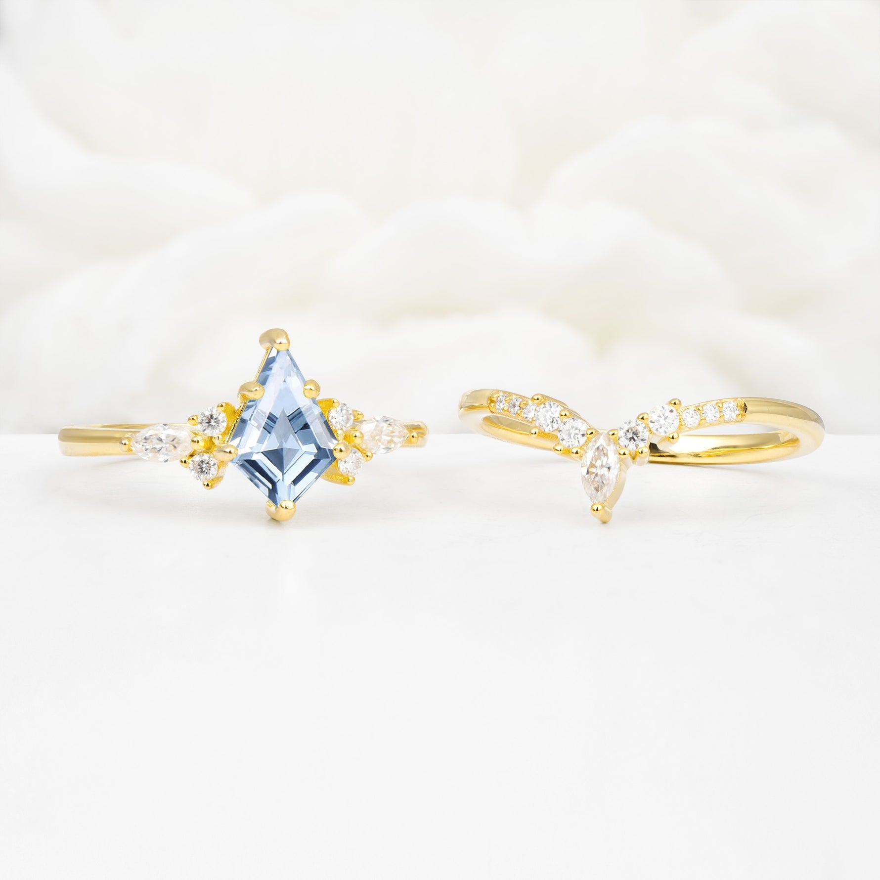 Vintage Kite Cut Split Shank Crown Aquamarine Bridal Ring Set - White-Gold