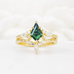 Vintage Kite Cut Split Shank Crown Emerald Bridal Ring Set - Yellow-Gold
