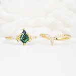 Vintage Kite Cut Split Shank Crown Emerald Bridal Ring Set - White-Gold
