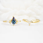 Vintage Kite Cut Split Shank Crown Alexandrite Bridal Ring Set - White-Gold
