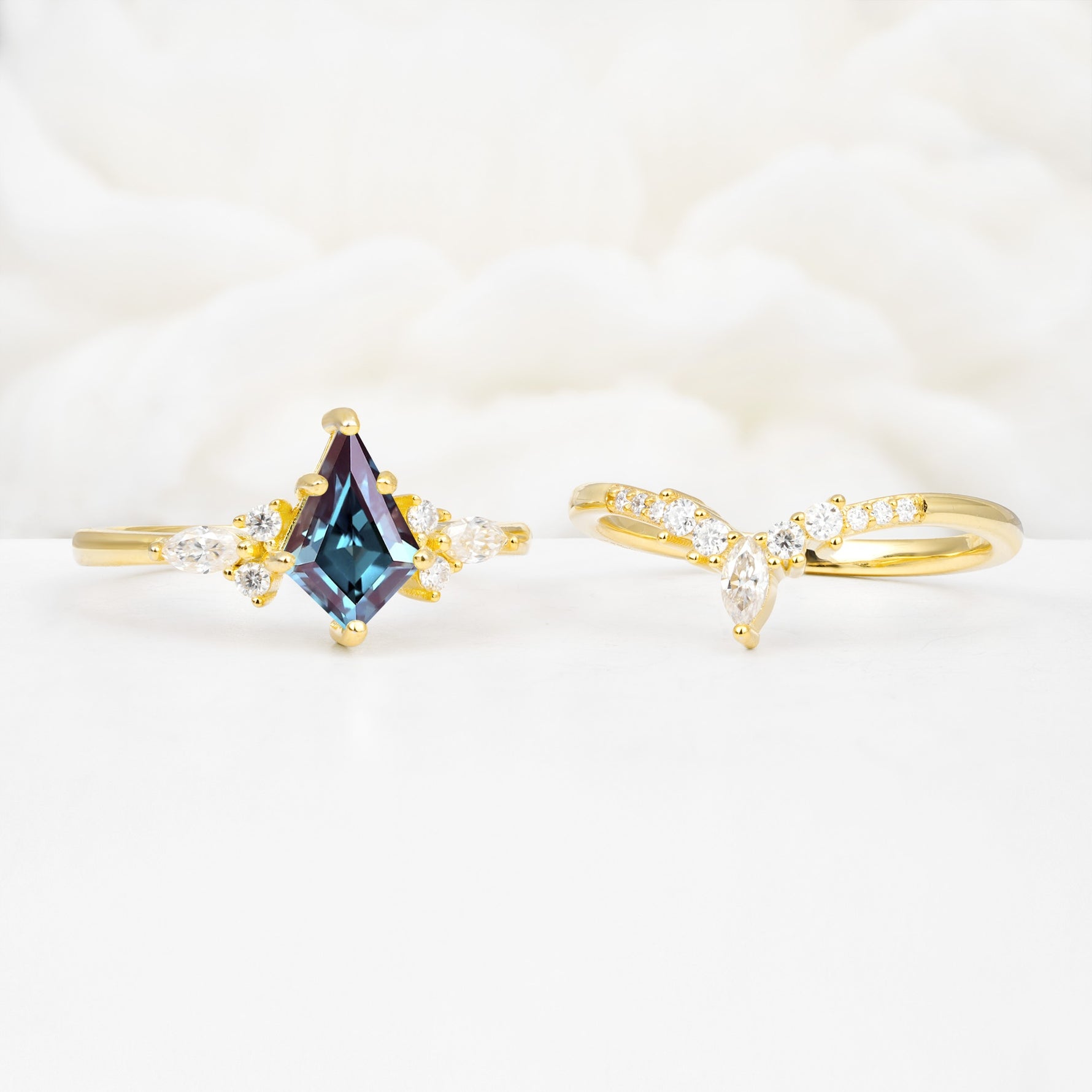 Vintage Kite Cut Split Shank Crown Alexandrite Bridal Ring Set - White-Gold