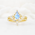 Vintage Kite Cut Split Shank Crown Moonstone Bridal Ring Set - Yellow-Gold