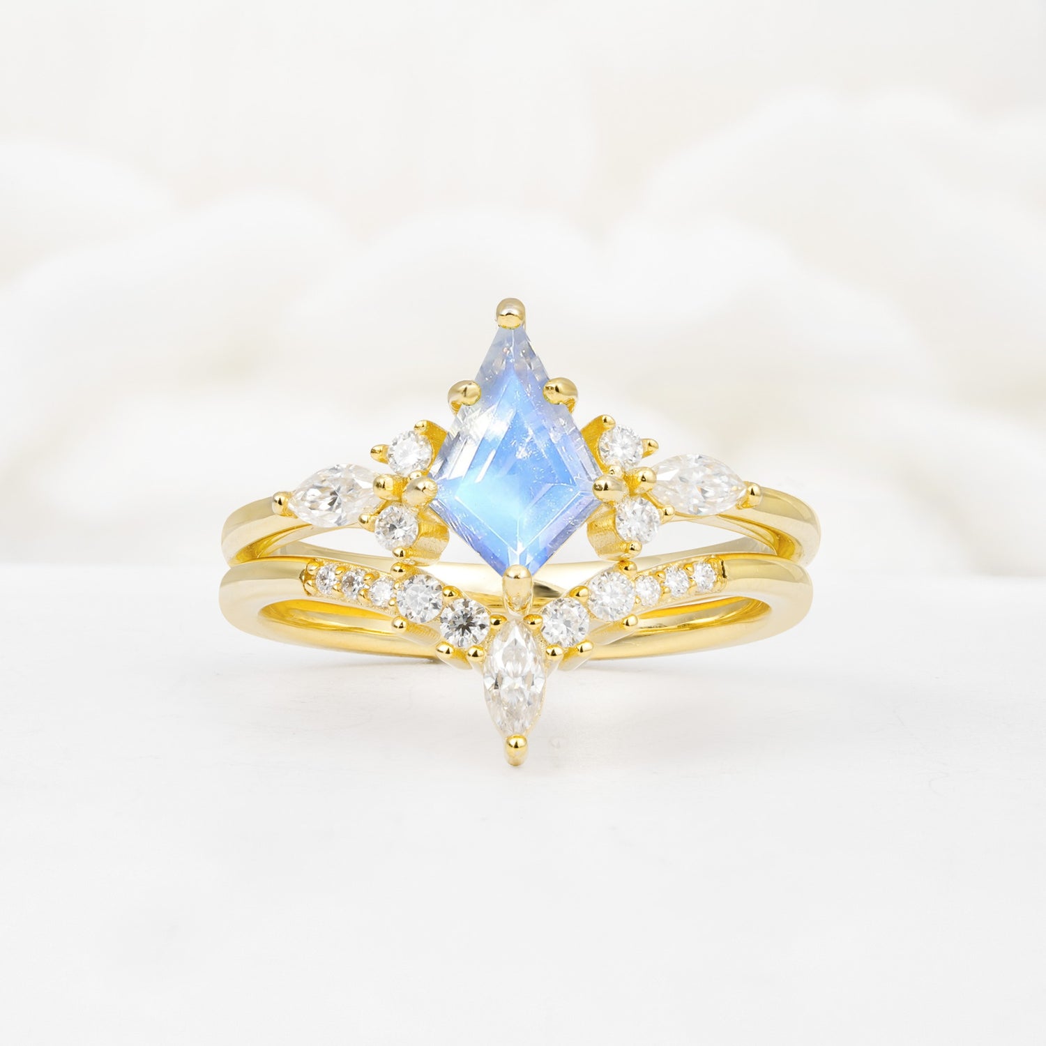 Vintage Kite Cut Split Shank Crown Moonstone Bridal Ring Set - Yellow-Gold