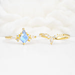 Vintage Kite Cut Split Shank Crown Moonstone Bridal Ring Set - White-Gold