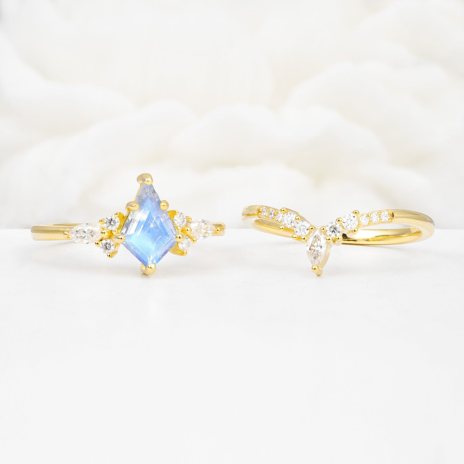 Vintage Kite Cut Split Shank Crown Moonstone Bridal Ring Set - White-Gold