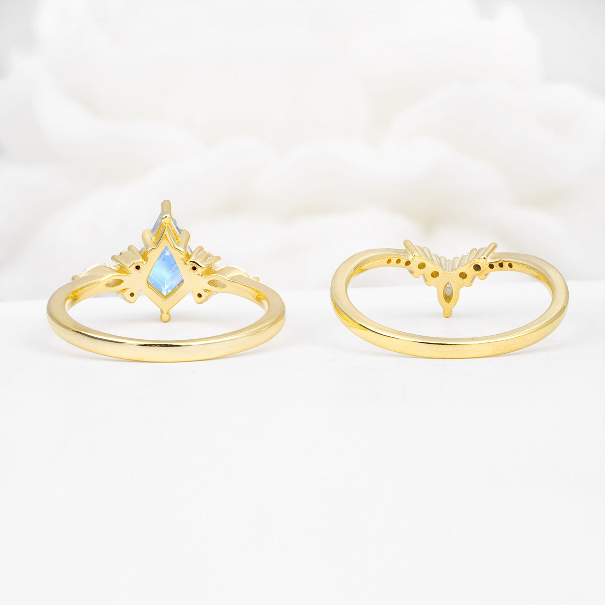 Vintage Kite Cut Split Shank Crown Moonstone Bridal Ring Set - Additional view