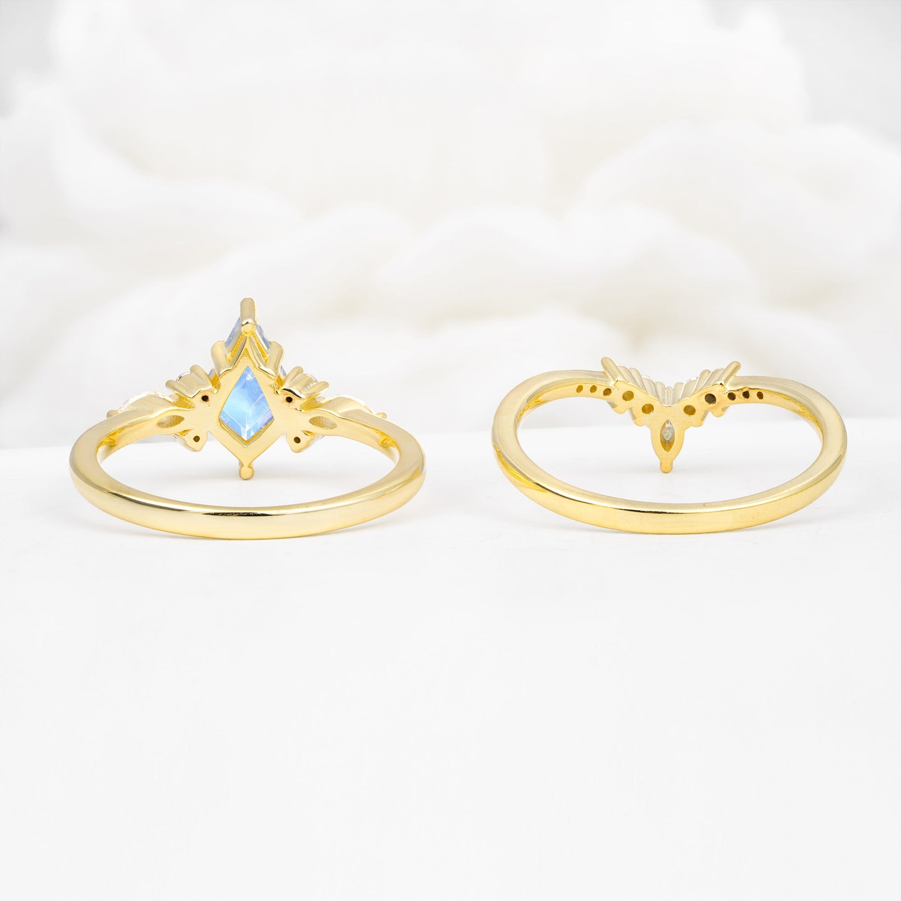 Vintage Kite Cut Split Shank Crown Moonstone Bridal Ring Set - Additional view