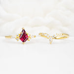 Vintage Kite Cut Split Shank Crown Ruby Bridal Ring Set - White-Gold