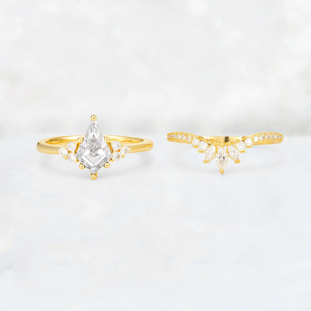 Kite Cut Moissanite Marquise Cluster Bridal Ring Set - White-Gold
