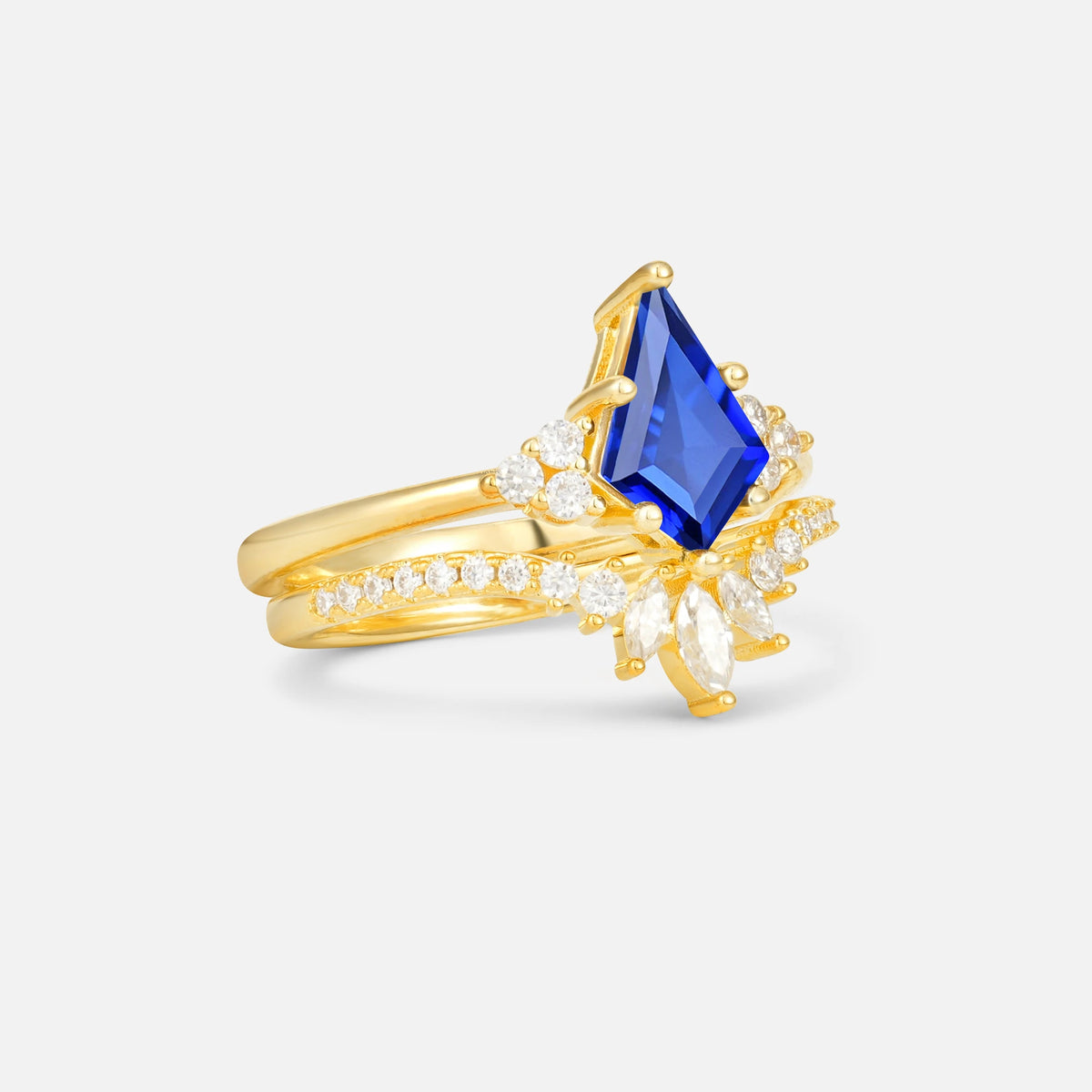 Kite Cut Sapphire Marquise Cluster Bridal Ring Set - Rose-Gold