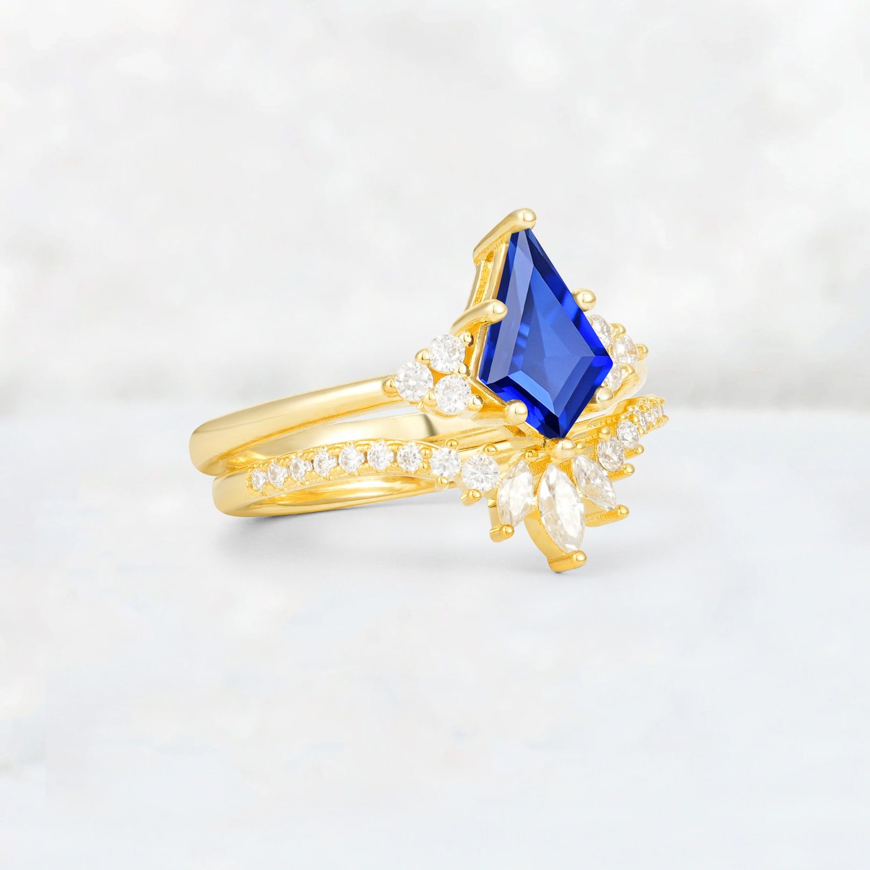 Kite Cut Sapphire Marquise Cluster Bridal Ring Set - Rose-Gold