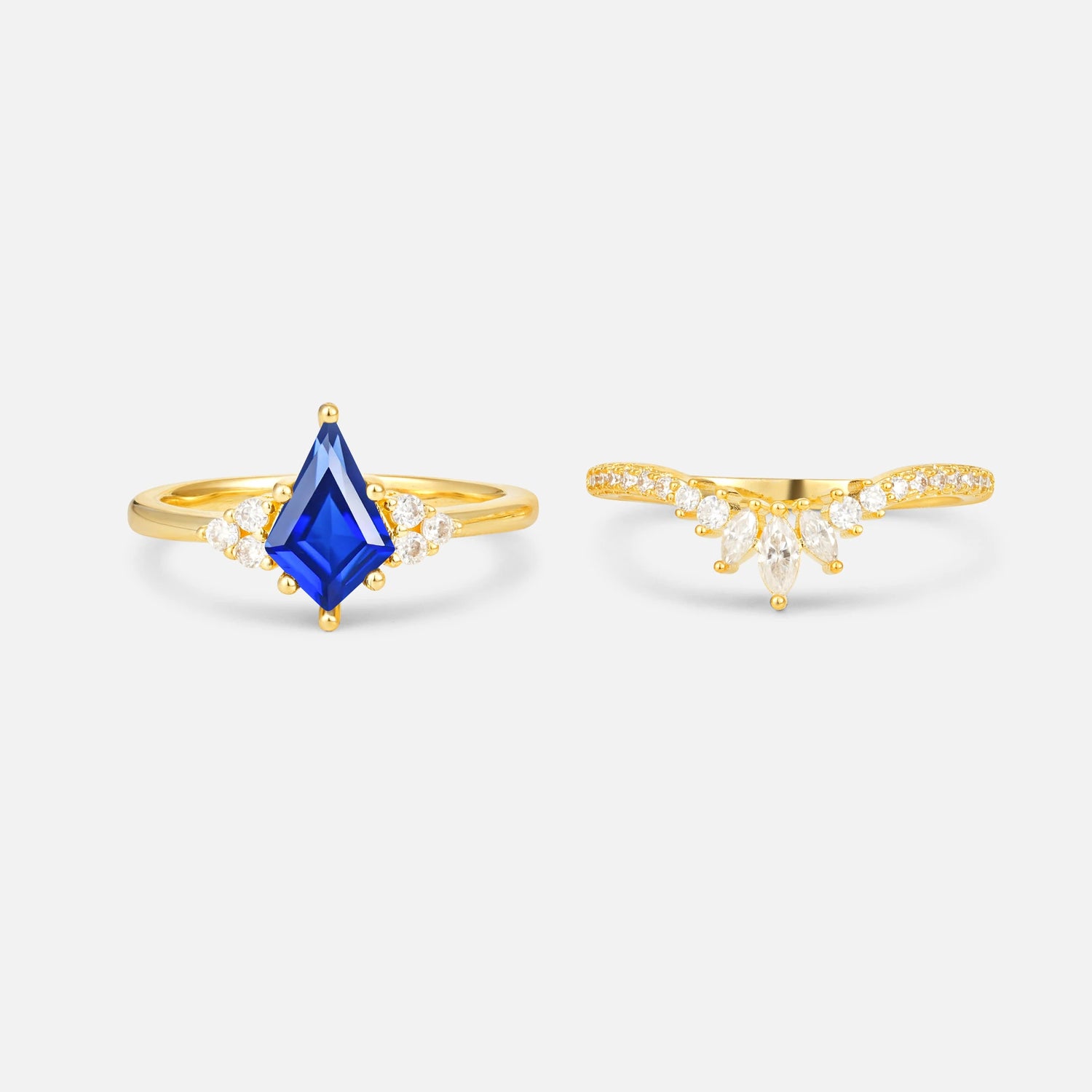 Kite Cut Sapphire Marquise Cluster Bridal Ring Set - White-Gold
