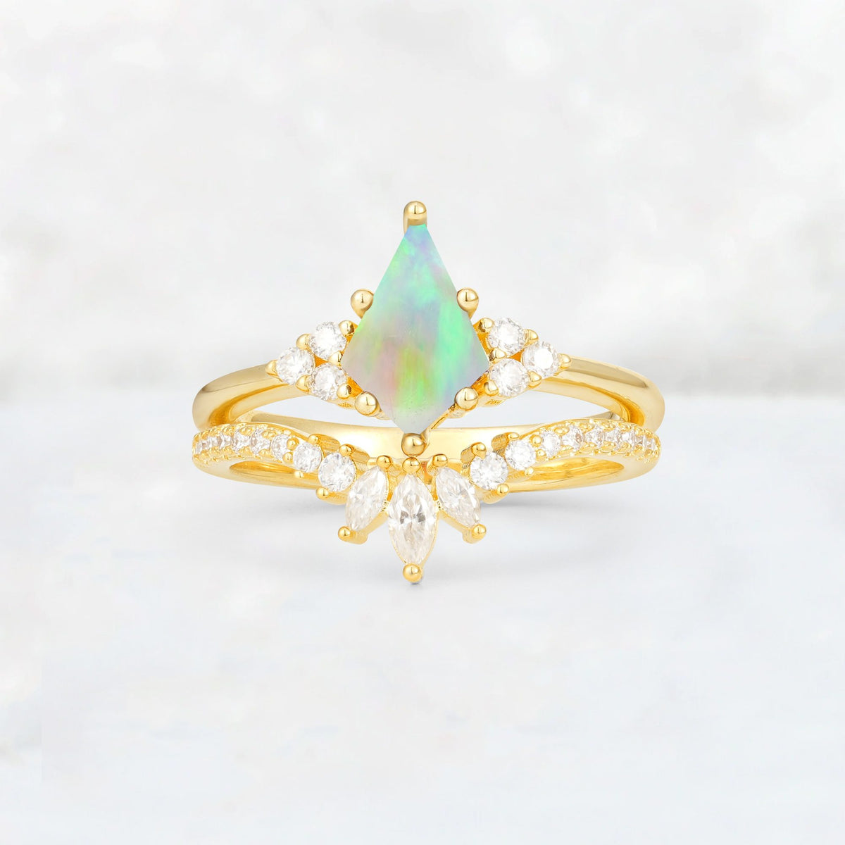 Kite Cut Fire Opal Marquise Cluster Bridal Ring Set - Yellow-Gold