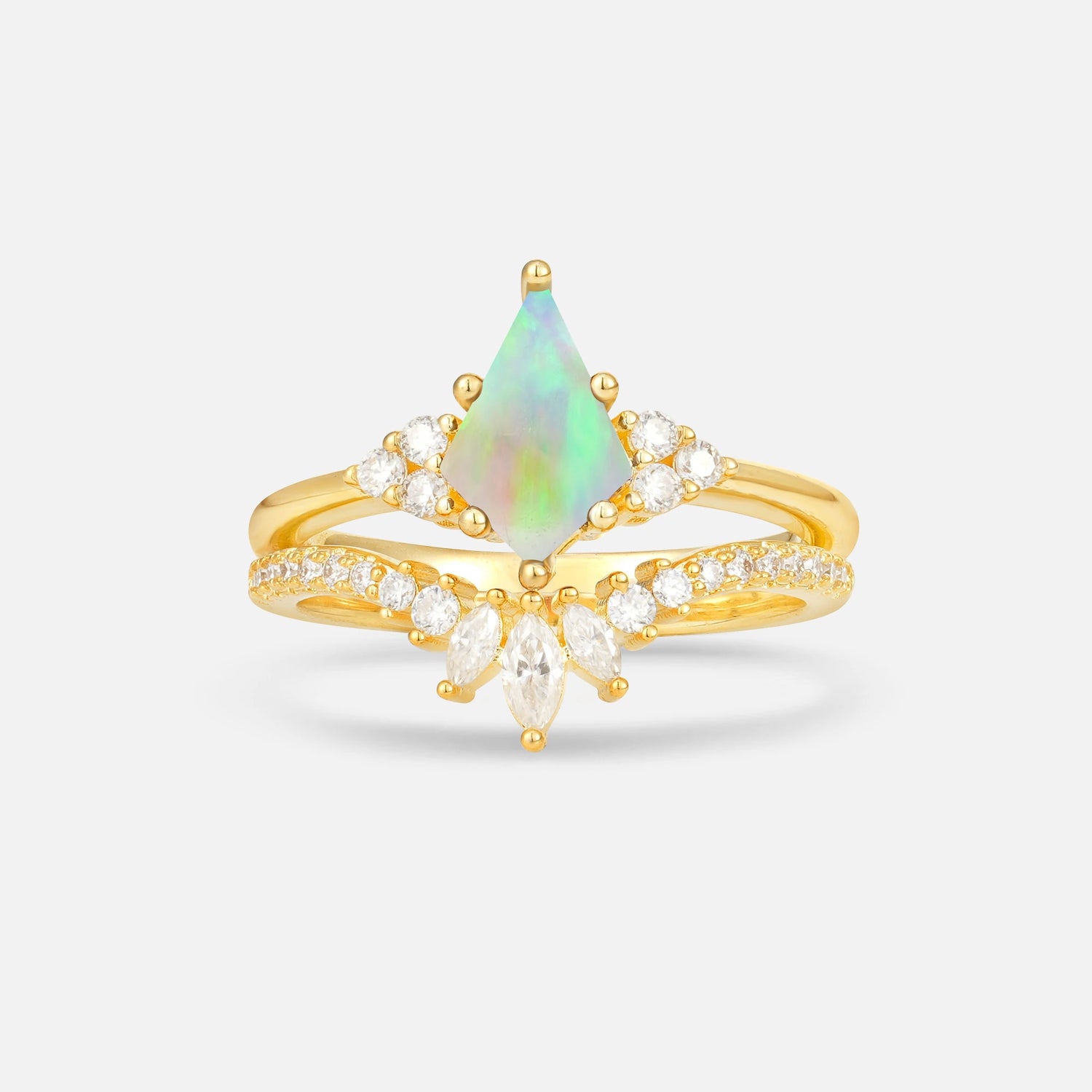 Kite Cut Fire Opal Marquise Cluster Bridal Ring Set - Yellow-Gold