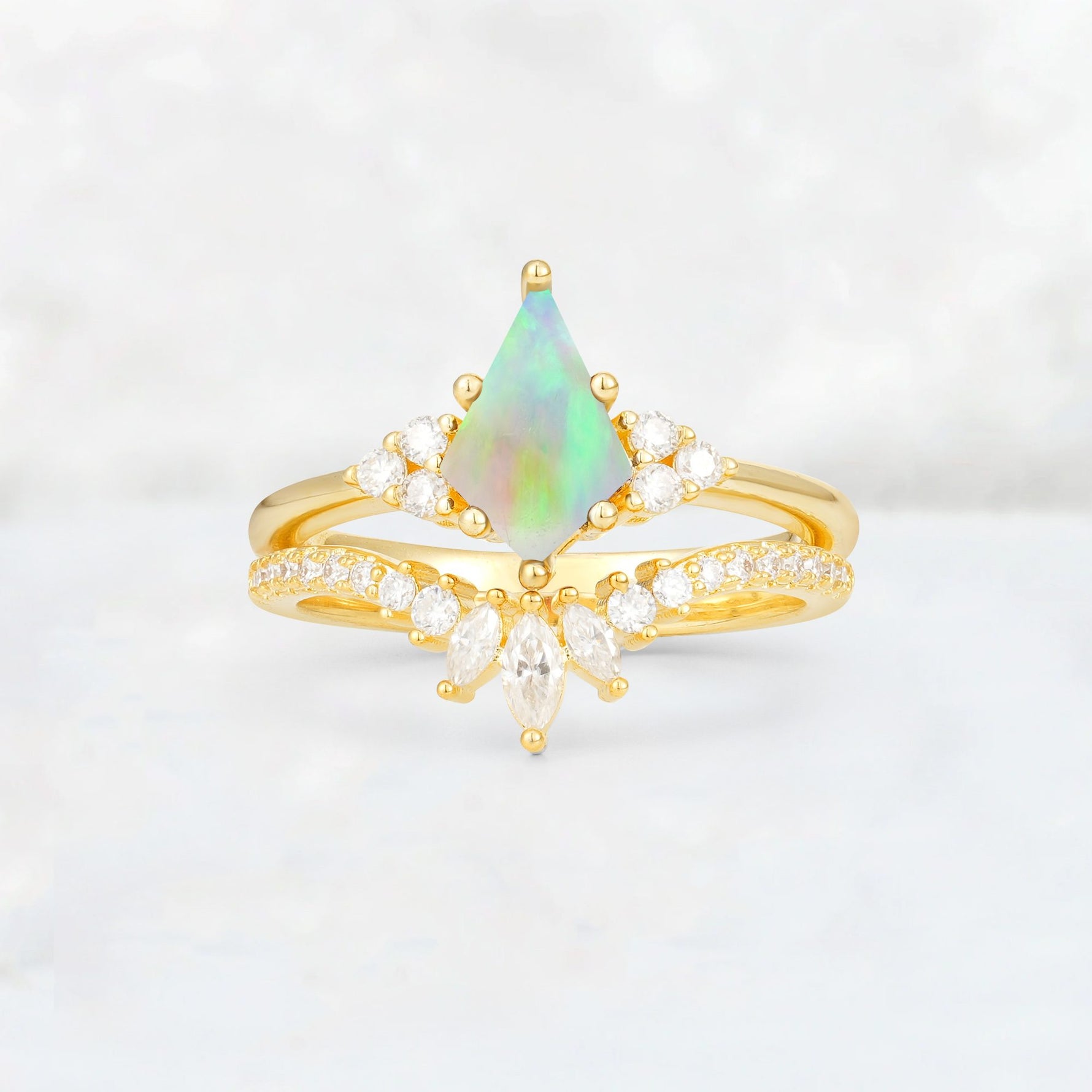 Kite Cut Fire Opal Marquise Cluster Bridal Ring Set - Yellow-Gold