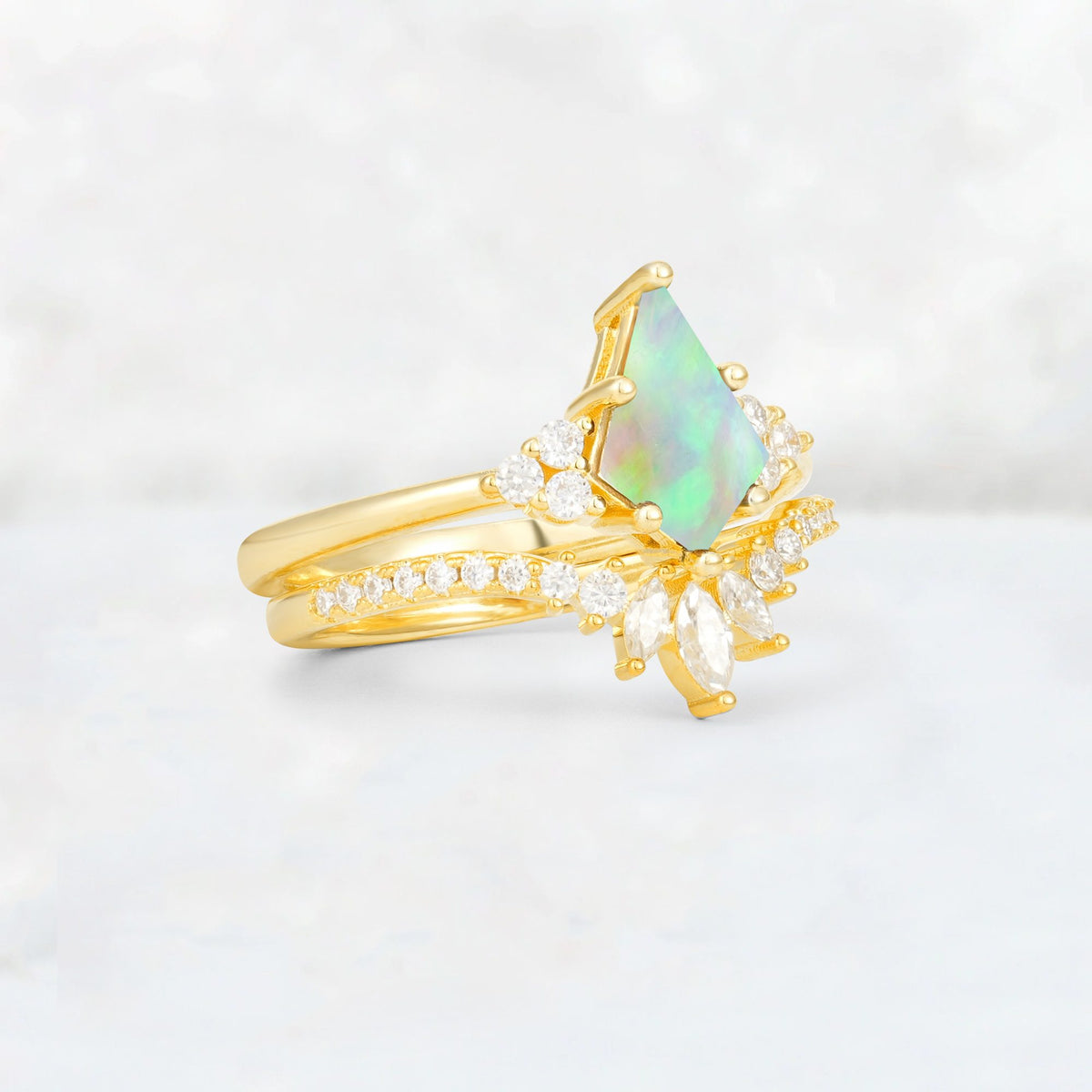 Kite Cut Fire Opal Marquise Cluster Bridal Ring Set - Rose-Gold