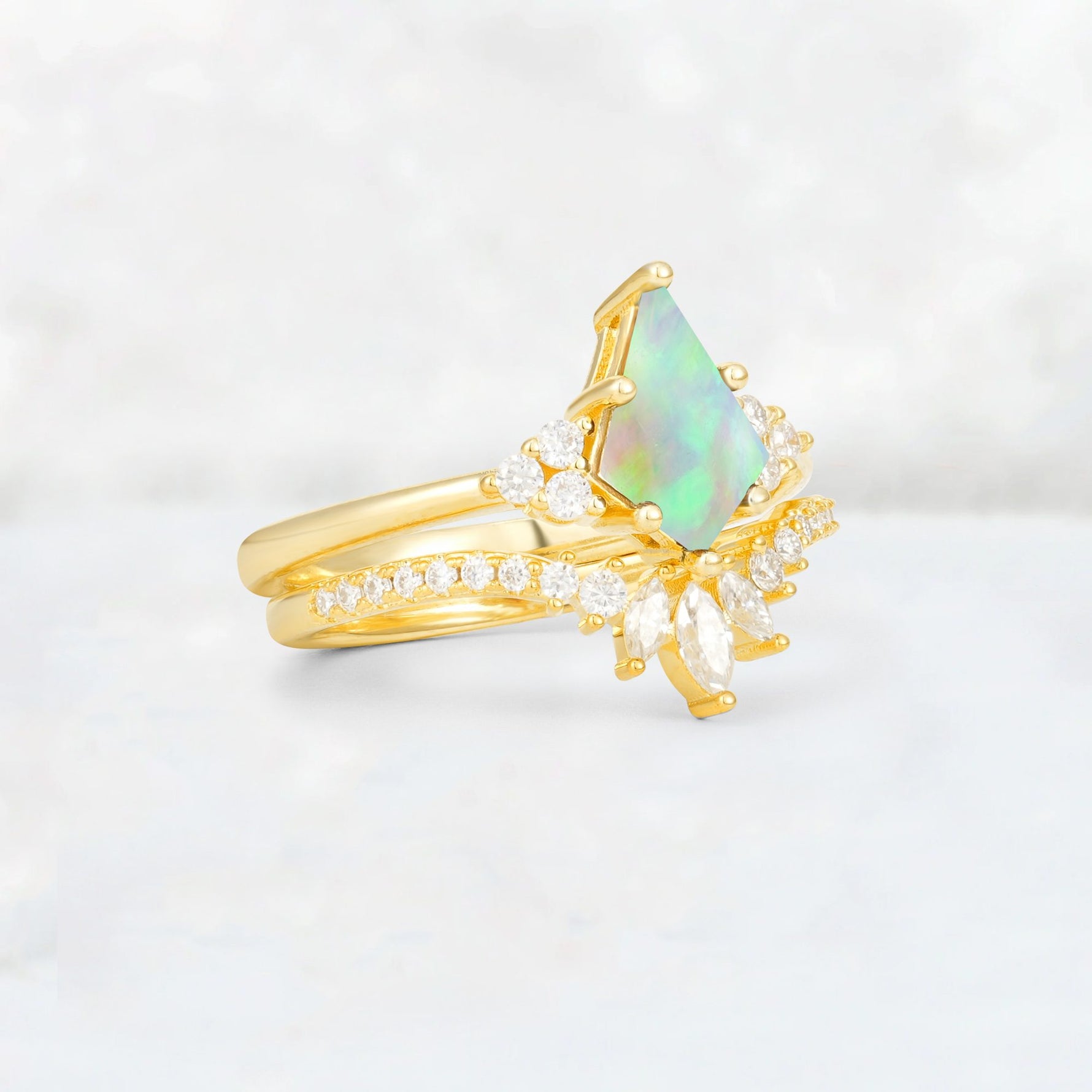 Kite Cut Fire Opal Marquise Cluster Bridal Ring Set - Rose-Gold
