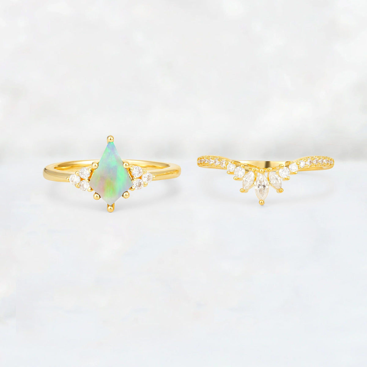 Kite Cut Fire Opal Marquise Cluster Bridal Ring Set - White-Gold
