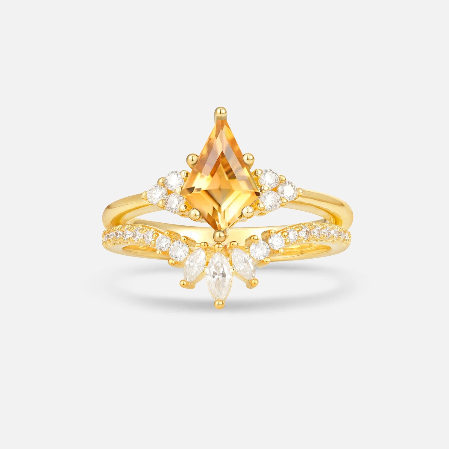 Kite Cut Citrine Marquise Cluster Bridal Ring Set - Yellow-Gold