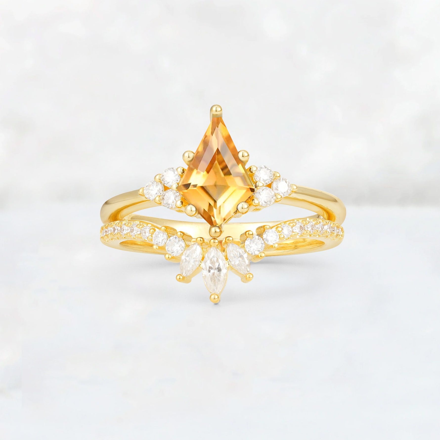 Kite Cut Citrine Marquise Cluster Bridal Ring Set - Yellow-Gold