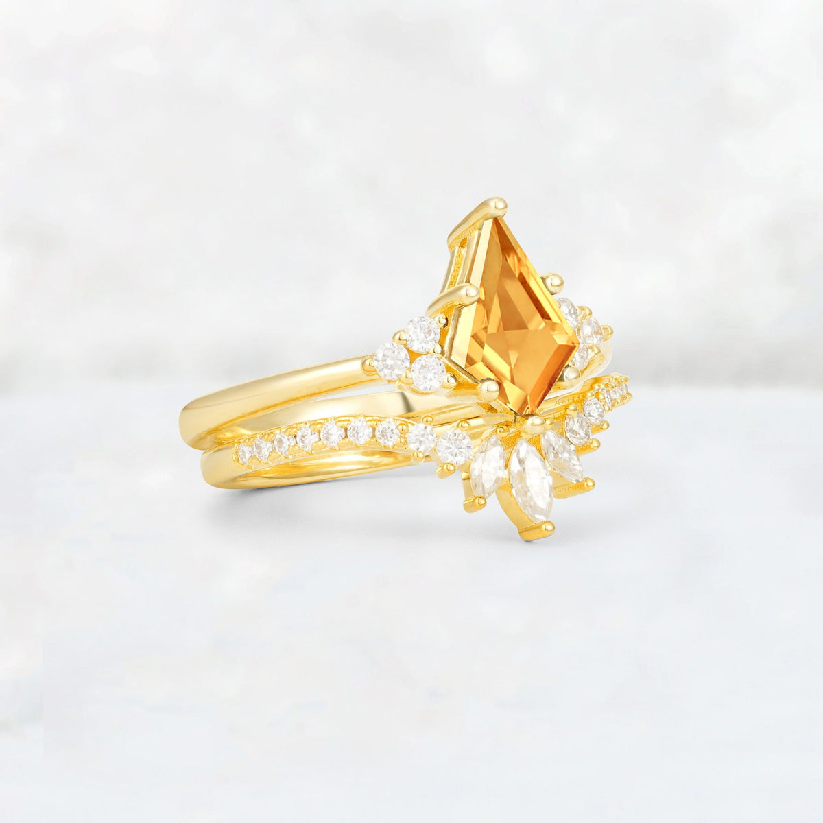 Kite Cut Citrine Marquise Cluster Bridal Ring Set - Rose-Gold