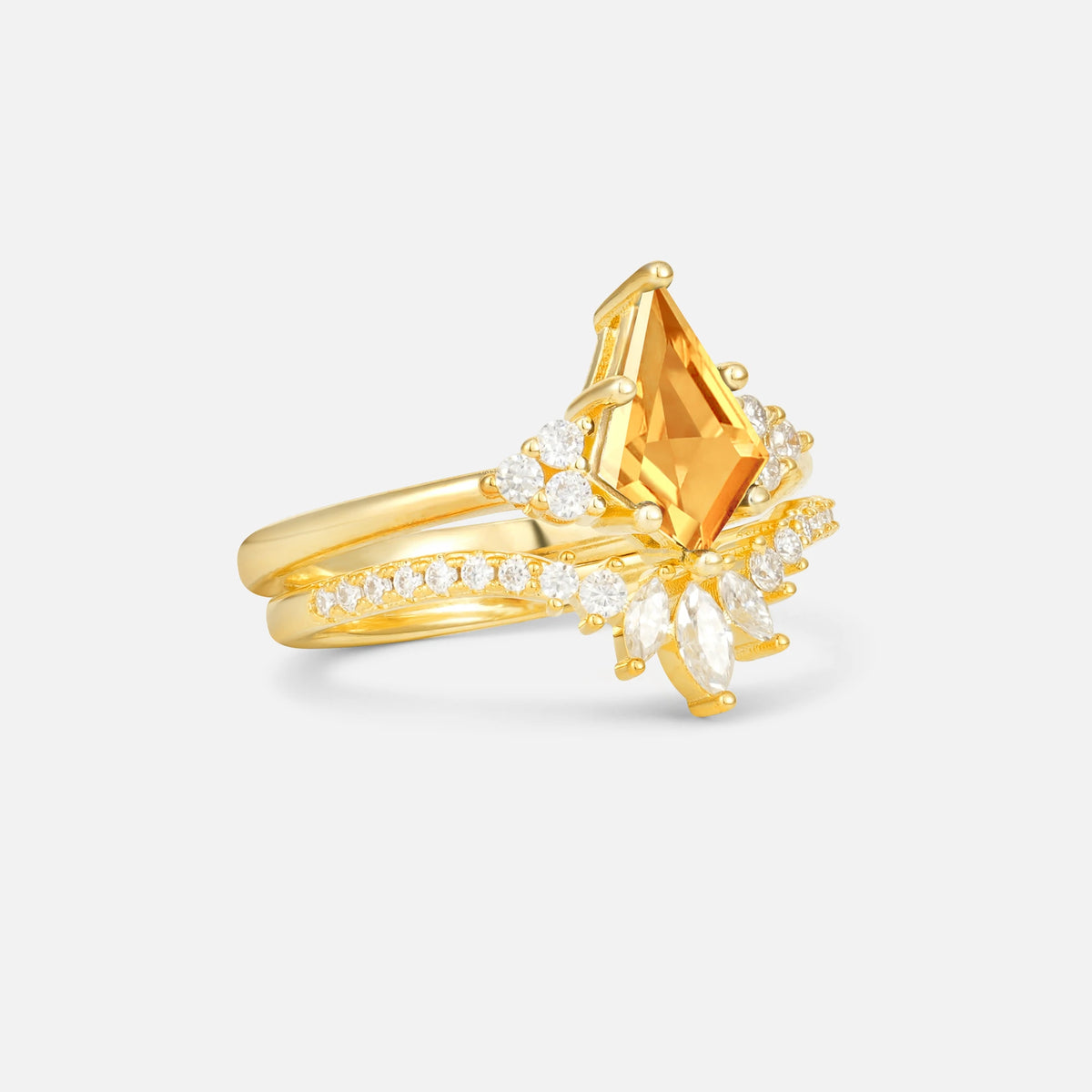 Kite Cut Citrine Marquise Cluster Bridal Ring Set - Rose-Gold