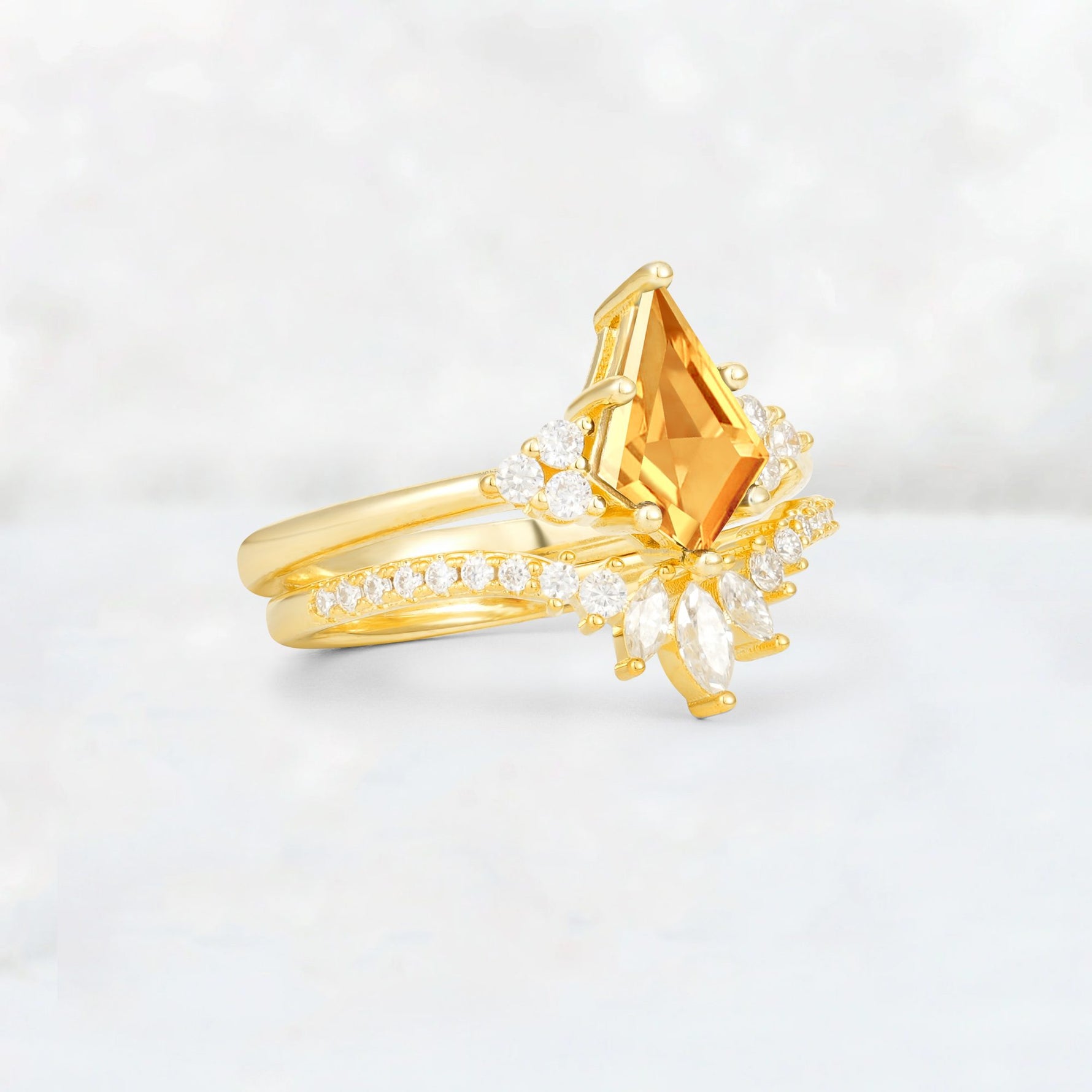 Kite Cut Citrine Marquise Cluster Bridal Ring Set - Rose-Gold