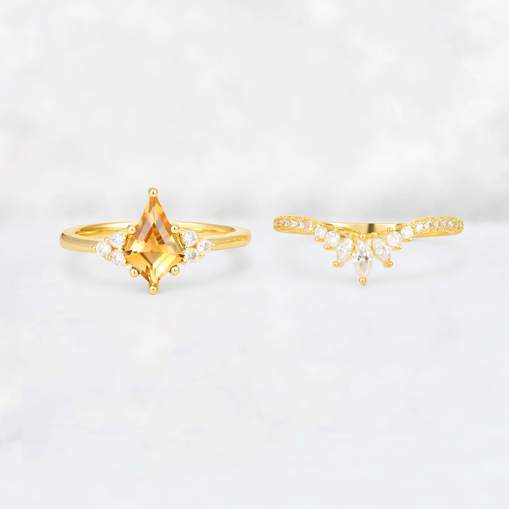 Kite Cut Citrine Marquise Cluster Bridal Ring Set - White-Gold