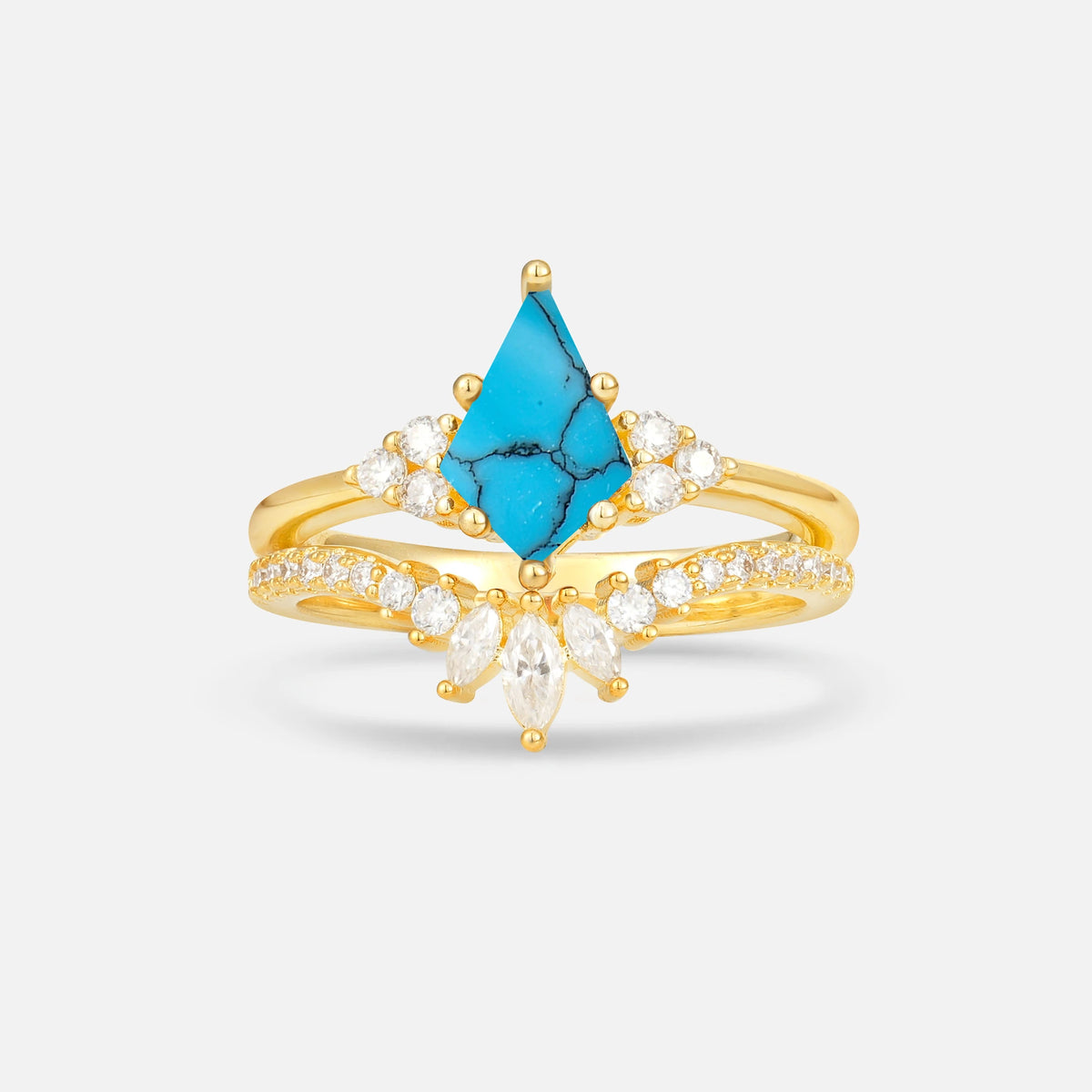 Kite Cut Turquoise Marquise Cluster Bridal Ring Set - Yellow-Gold