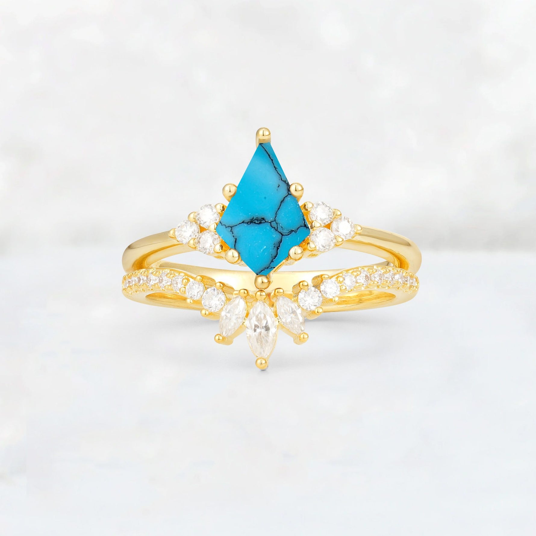 Kite Cut Turquoise Marquise Cluster Bridal Ring Set - Yellow-Gold