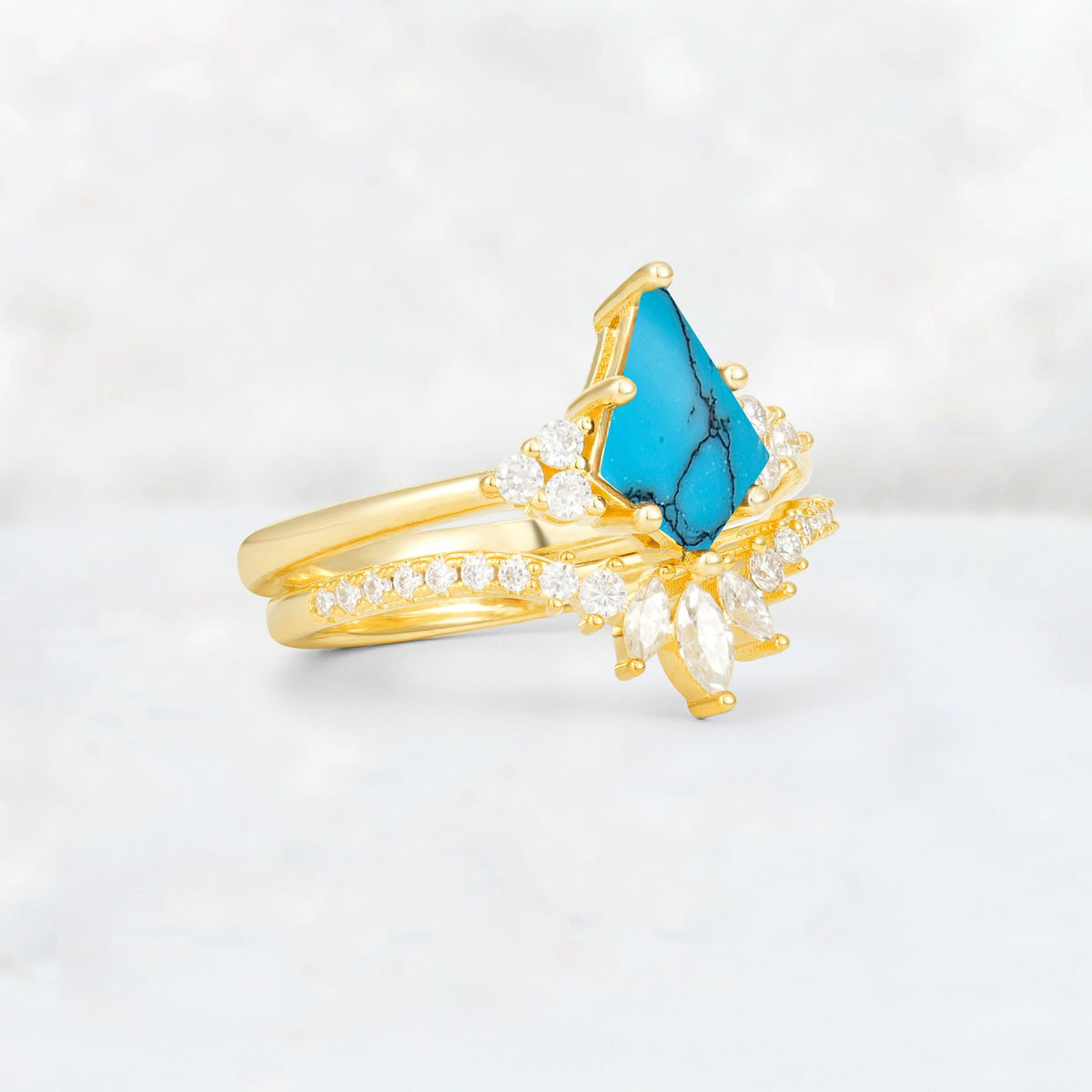 Kite Cut Turquoise Marquise Cluster Bridal Ring Set - Rose-Gold