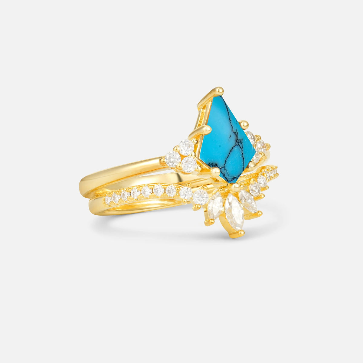 Kite Cut Turquoise Marquise Cluster Bridal Ring Set - Rose-Gold