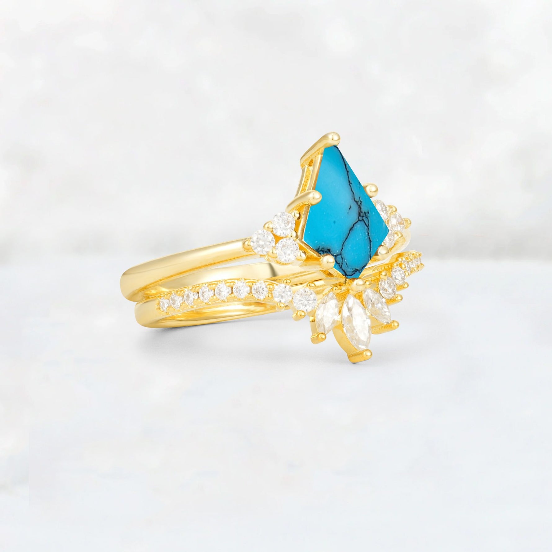 Kite Cut Turquoise Marquise Cluster Bridal Ring Set - Rose-Gold