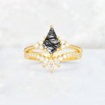 Kite Cut Black Rutilated Quartz Marquise Cluster Bridal Ring Set - Yellow-Gold