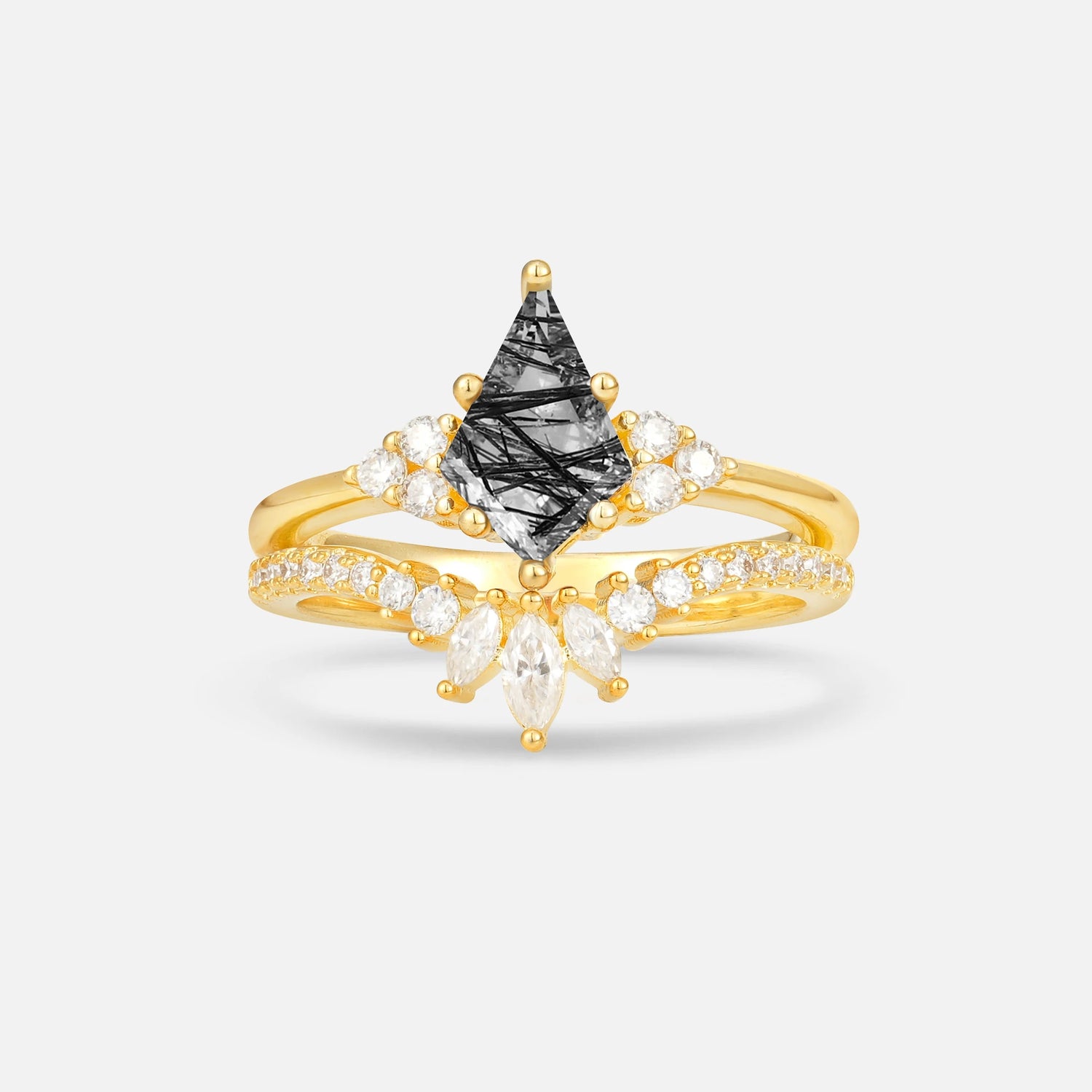 Kite Cut Black Rutilated Quartz Marquise Cluster Bridal Ring Set - Yellow-Gold