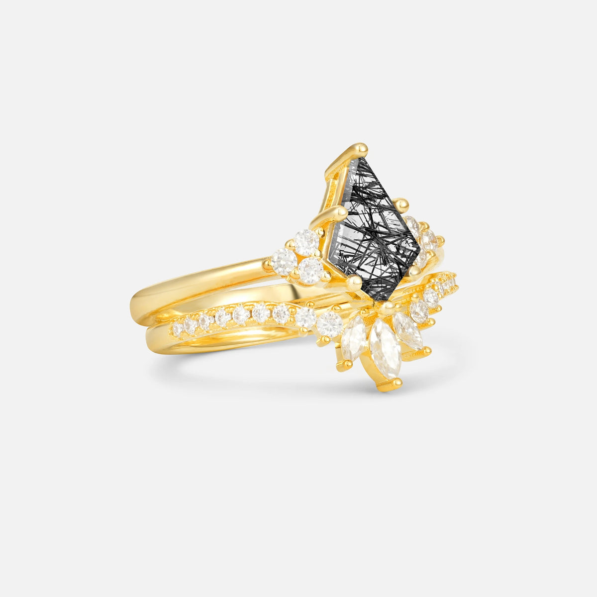 Kite Cut Black Rutilated Quartz Marquise Cluster Bridal Ring Set - Rose-Gold