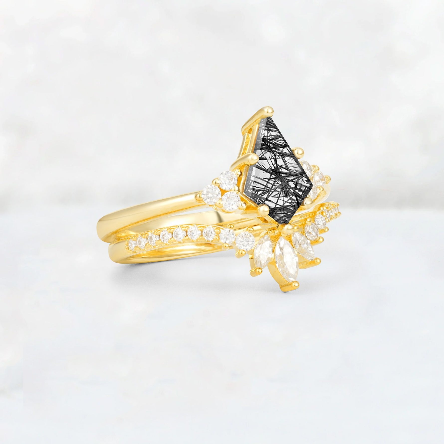 Kite Cut Black Rutilated Quartz Marquise Cluster Bridal Ring Set - Rose-Gold