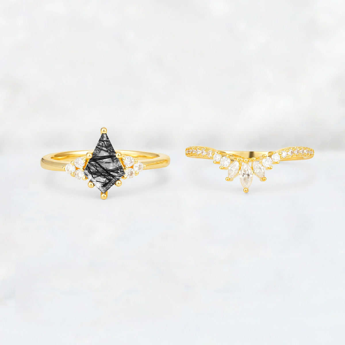 Kite Cut Black Rutilated Quartz Marquise Cluster Bridal Ring Set - White-Gold