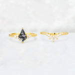 Kite Cut Black Rutilated Quartz Marquise Cluster Bridal Ring Set - White-Gold