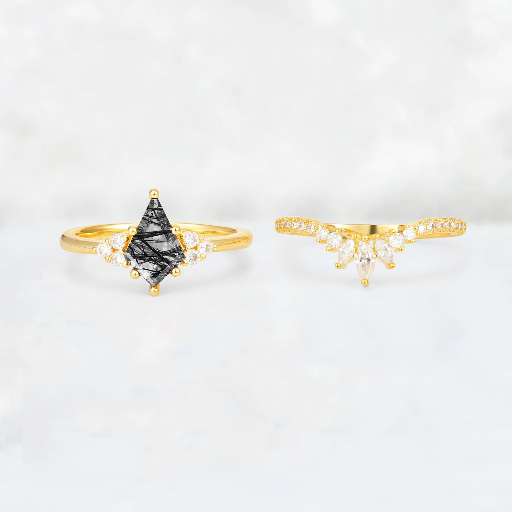Kite Cut Black Rutilated Quartz Marquise Cluster Bridal Ring Set - White-Gold