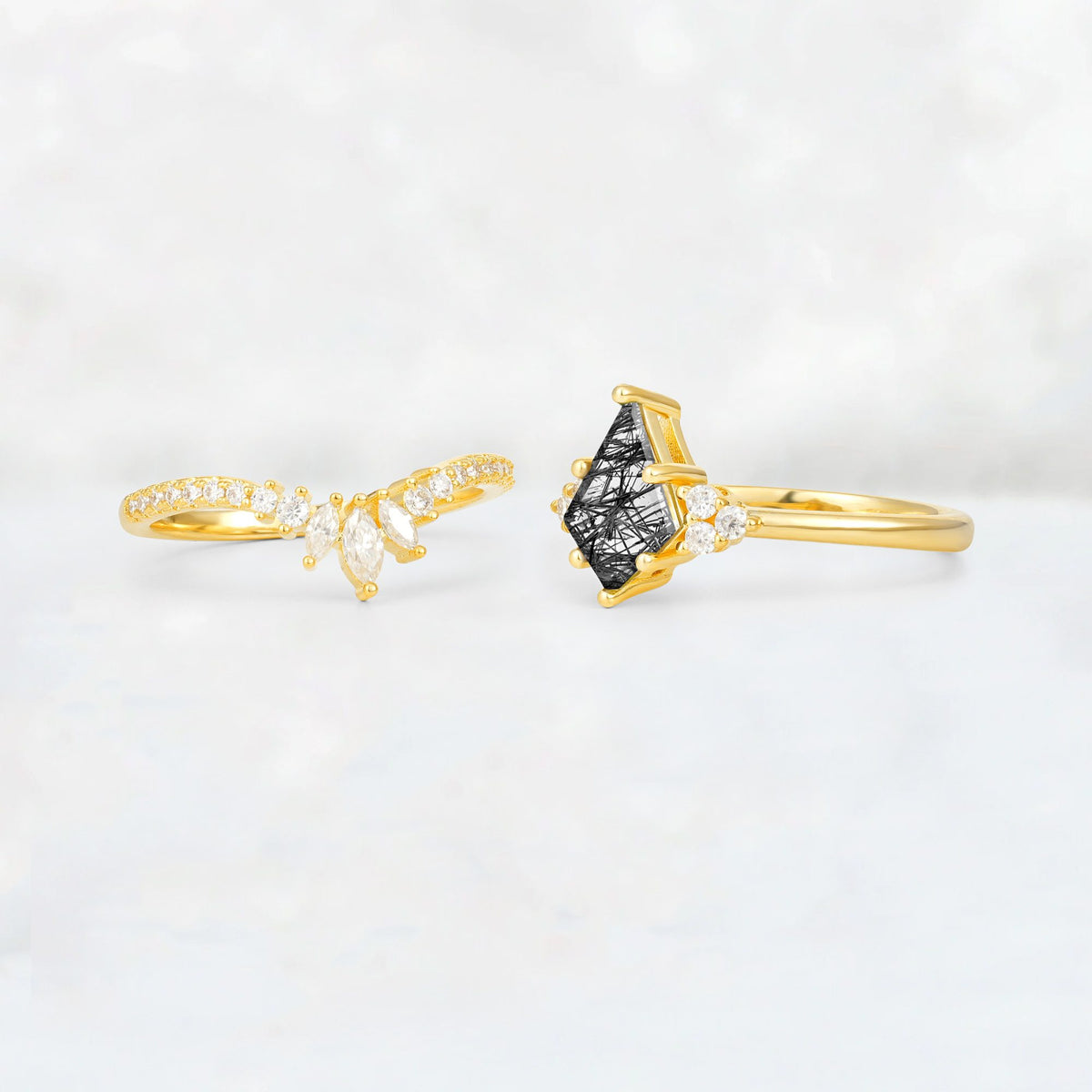 Kite Cut Black Rutilated Quartz Marquise Cluster Bridal Ring Set - Additional view