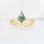 Kite Cut Moss Agate Marquise Cluster Bridal Ring Set - Yellow-Gold