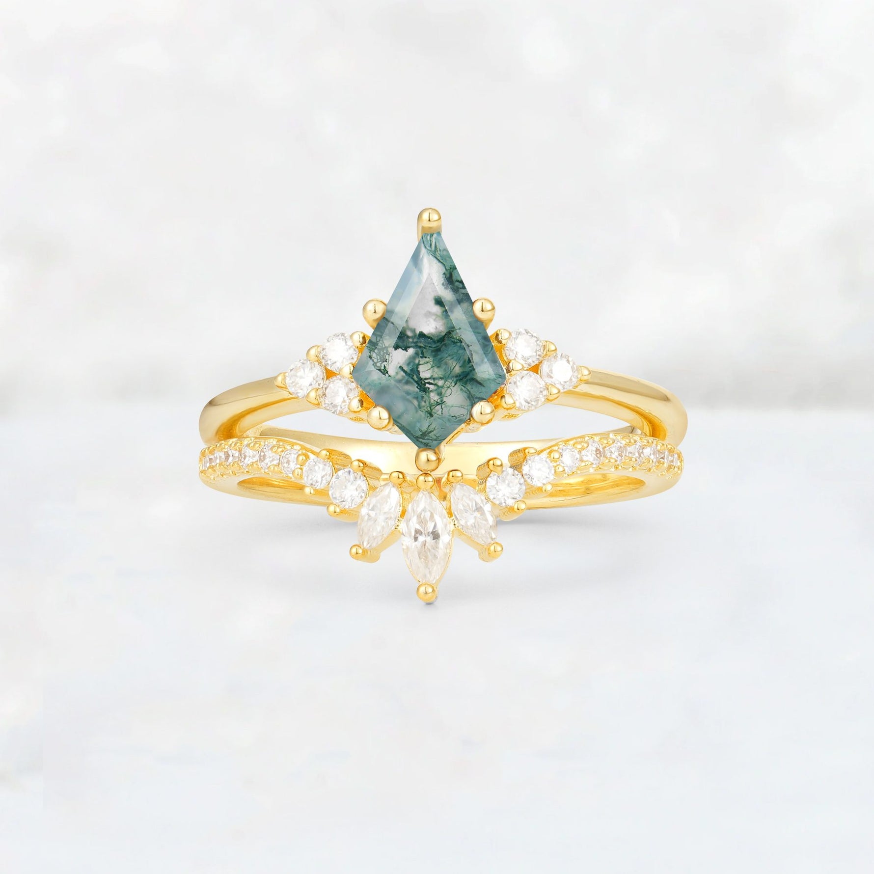 Kite Cut Moss Agate Marquise Cluster Bridal Ring Set - Yellow-Gold