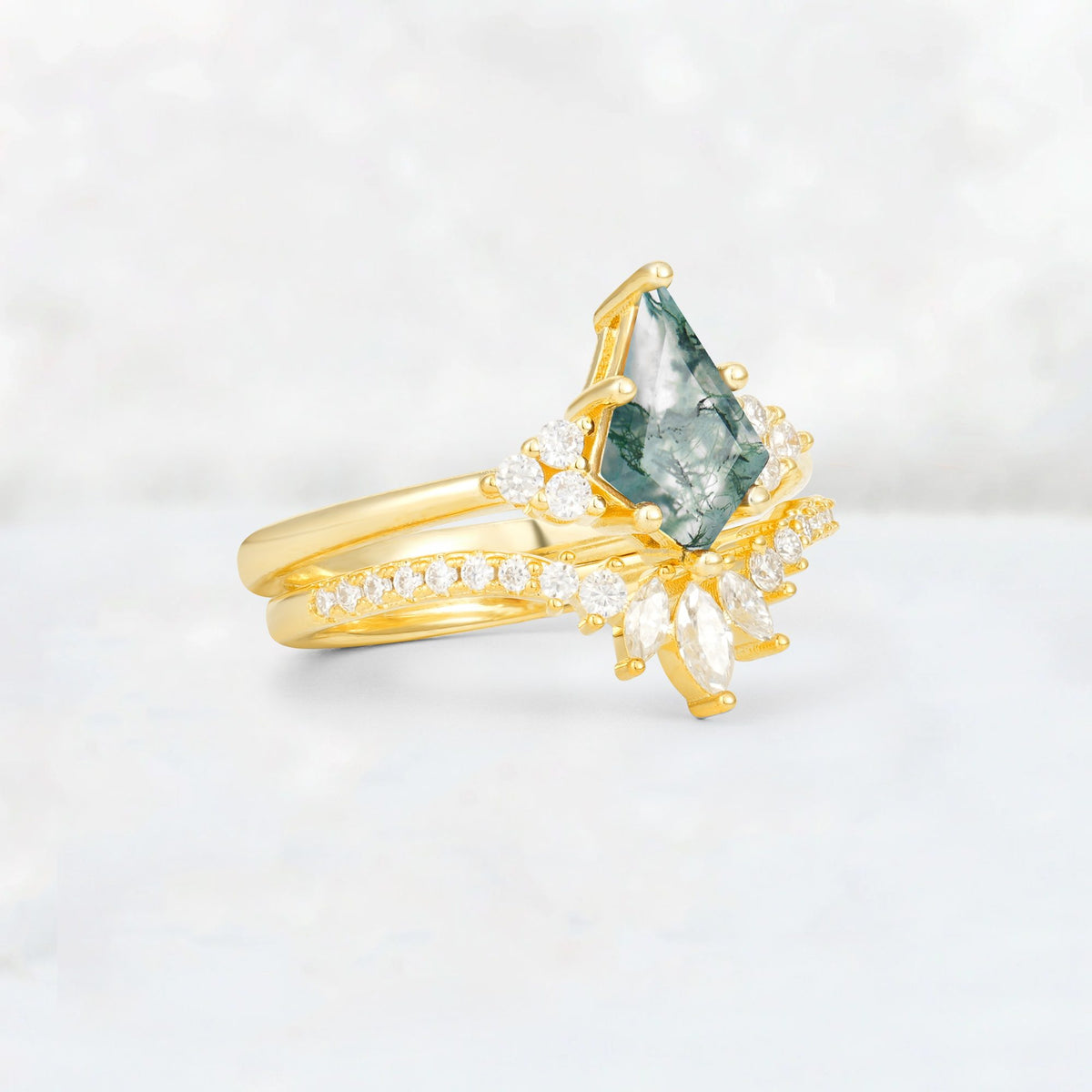 Kite Cut Moss Agate Marquise Cluster Bridal Ring Set - Rose-Gold