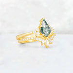 Kite Cut Moss Agate Marquise Cluster Bridal Ring Set - Rose-Gold