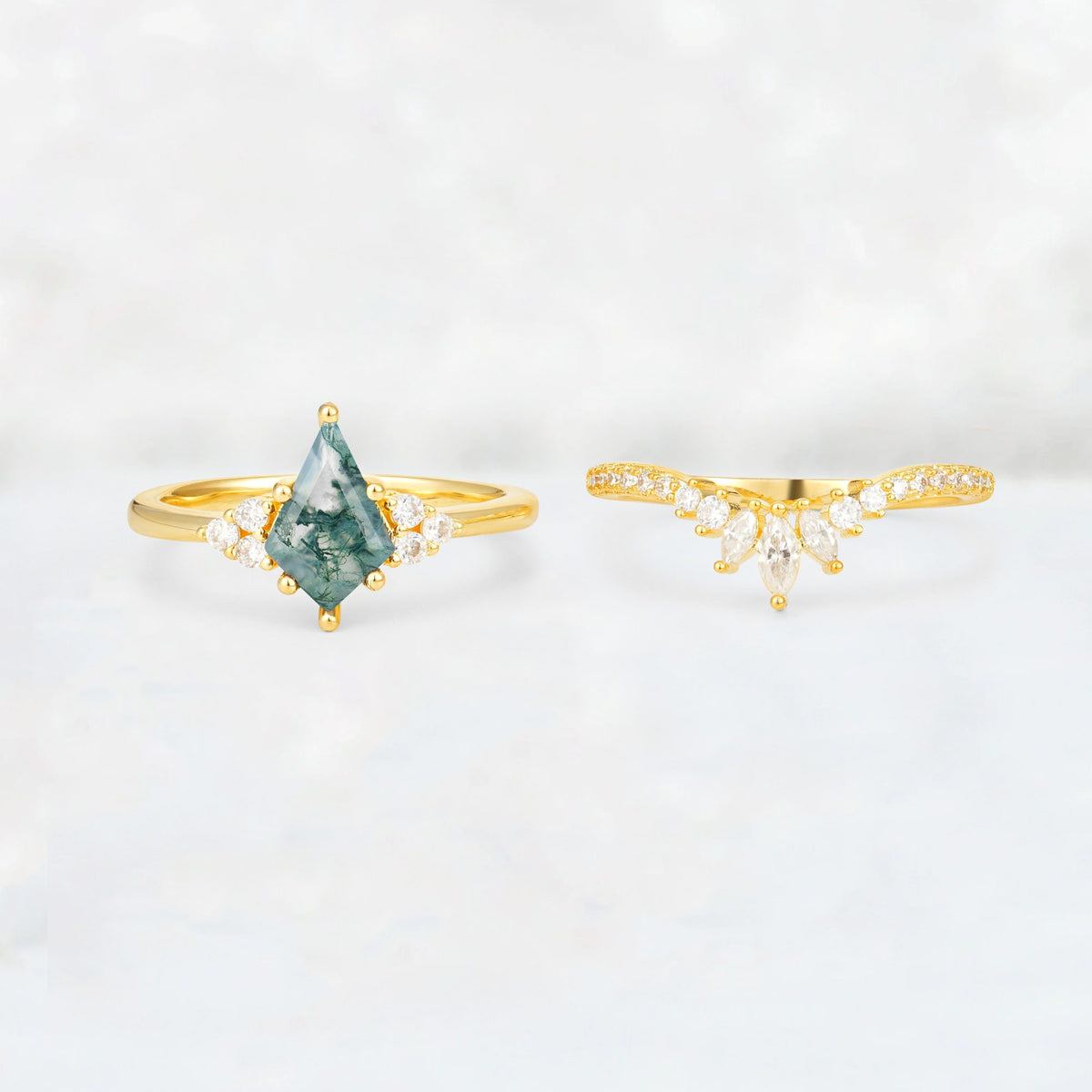 Kite Cut Moss Agate Marquise Cluster Bridal Ring Set - White-Gold