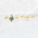 Kite Cut Moss Agate Marquise Cluster Bridal Ring Set - White-Gold