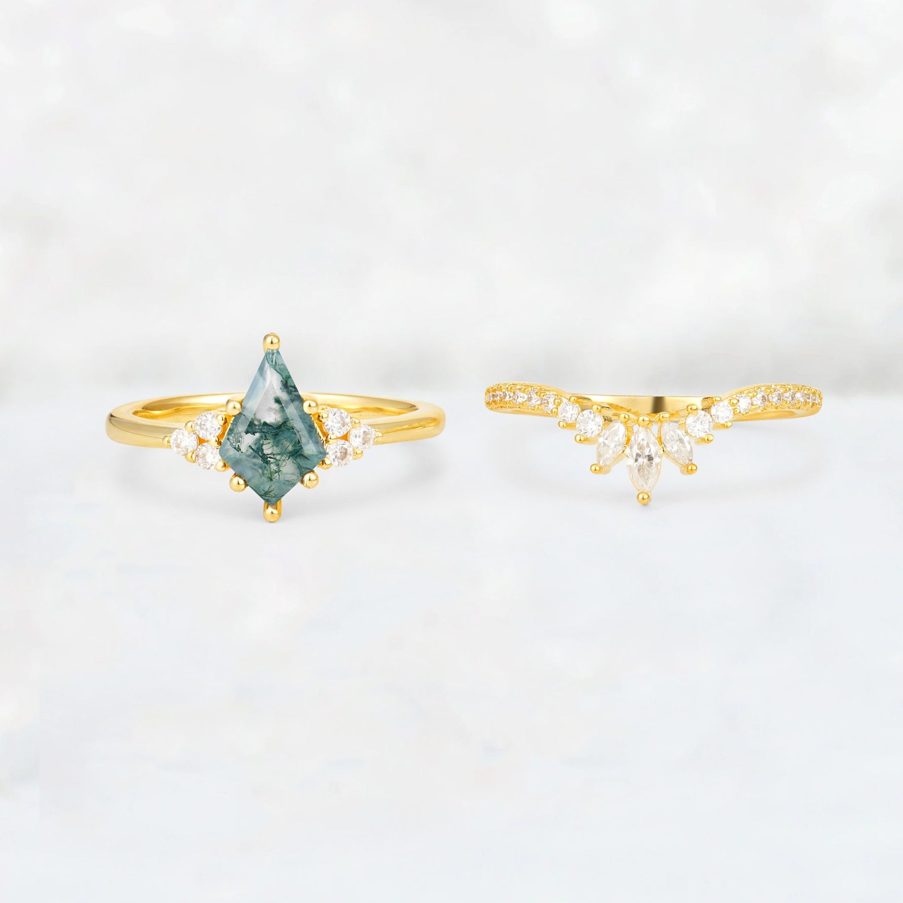 Kite Cut Moss Agate Marquise Cluster Bridal Ring Set - White-Gold