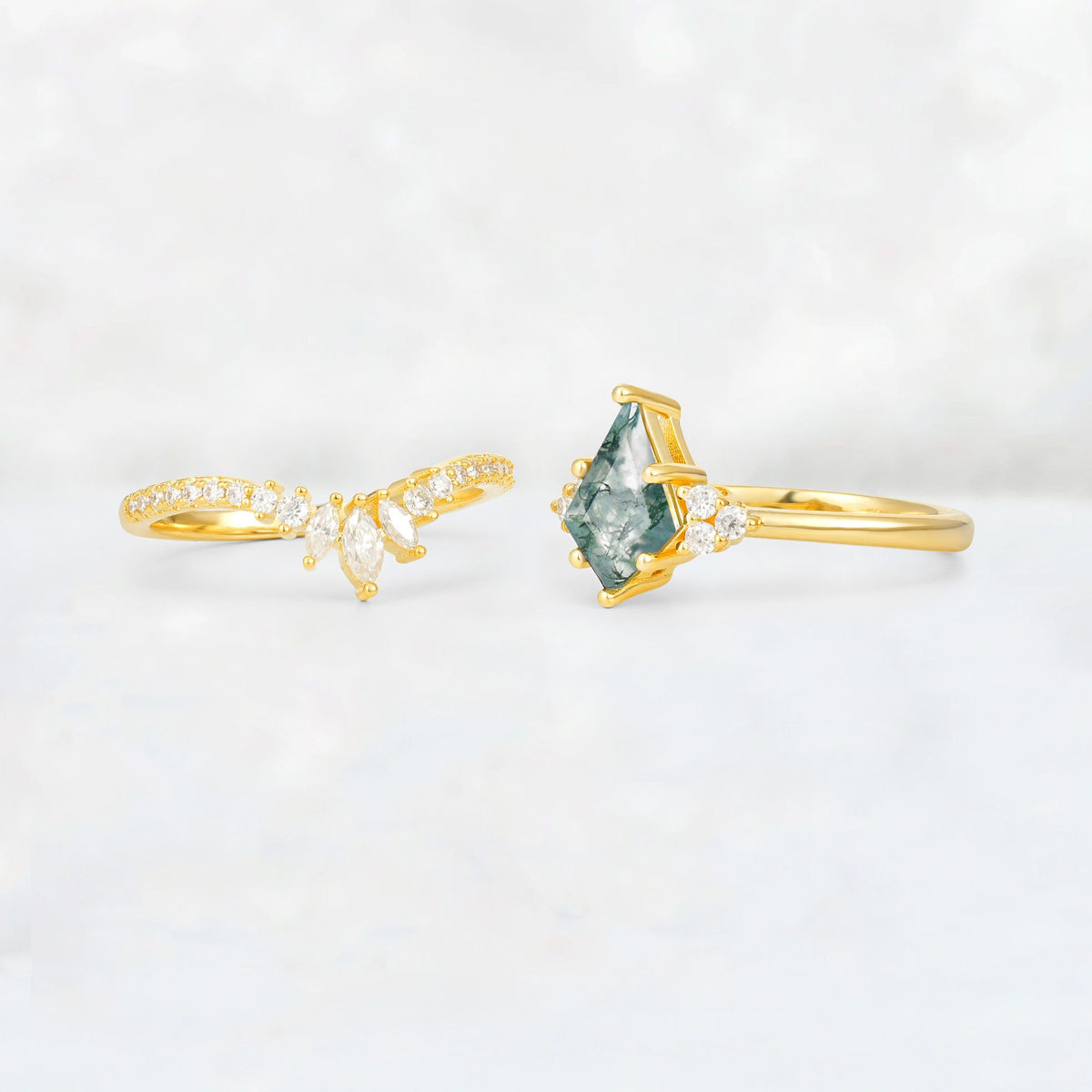 Kite Cut Moss Agate Marquise Cluster Bridal Ring Set - Additional view